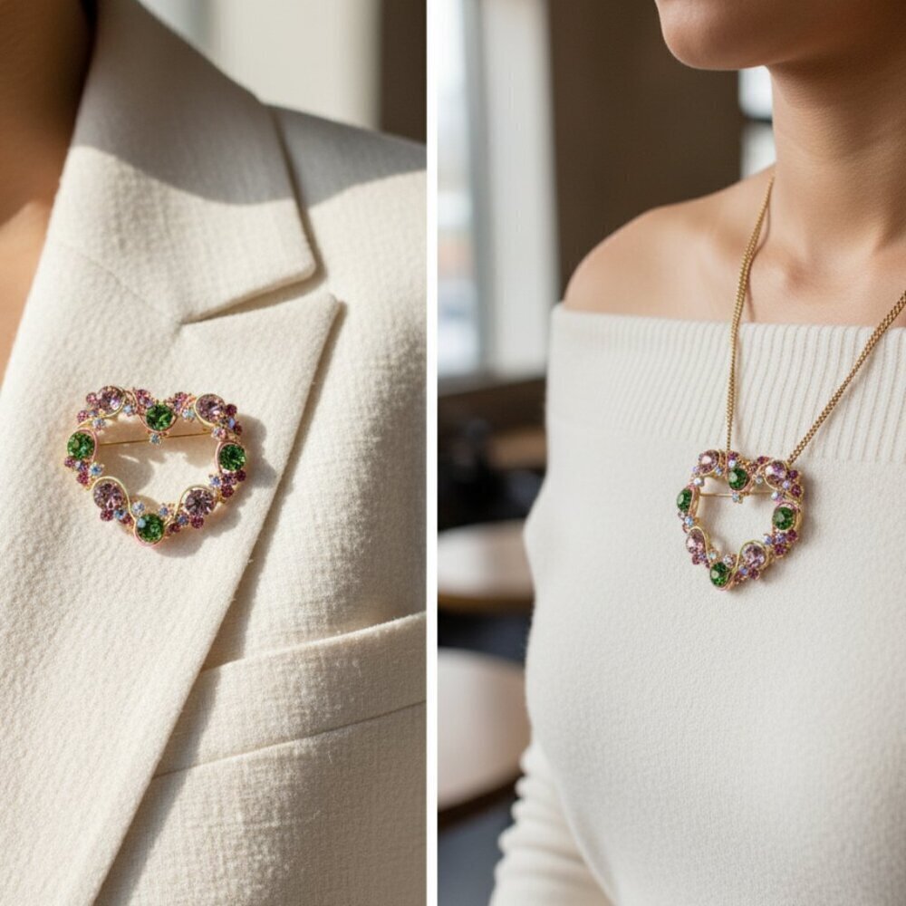💚💖 2-in-1 Versatile Heart Brooch & Necklace Converter - Crystal Sparkle C301
